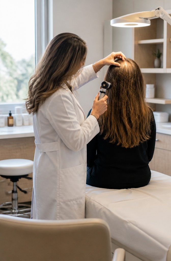Healthcare provider checking a patient's scalp during a hair loss consultation