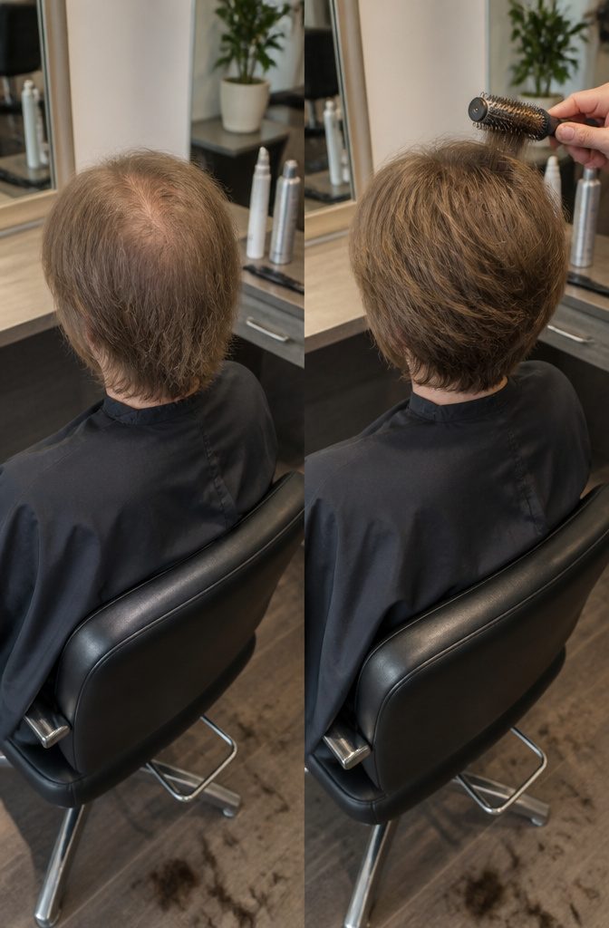 Person styling fine hair with volumizing products on a bathroom counter