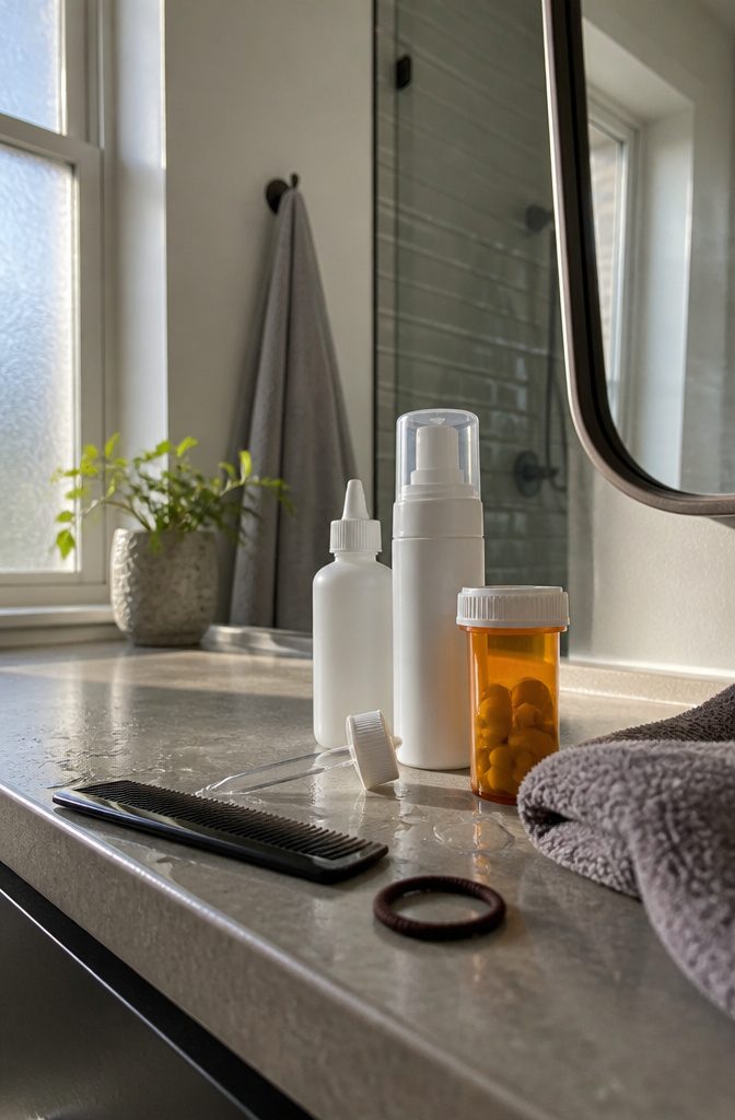 Minoxidil liquid bottle and foam canister beside a pill container and applicator