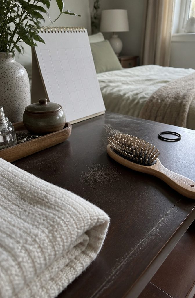Hairbrush with a few shed strands beside a blank monthly calendar on a dresser