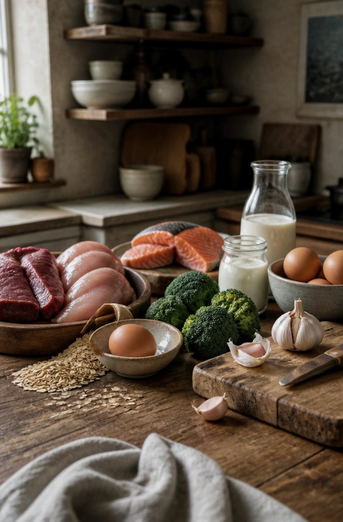 Meat, poultry, fish, eggs, dairy, oats, broccoli and garlic on a wooden table