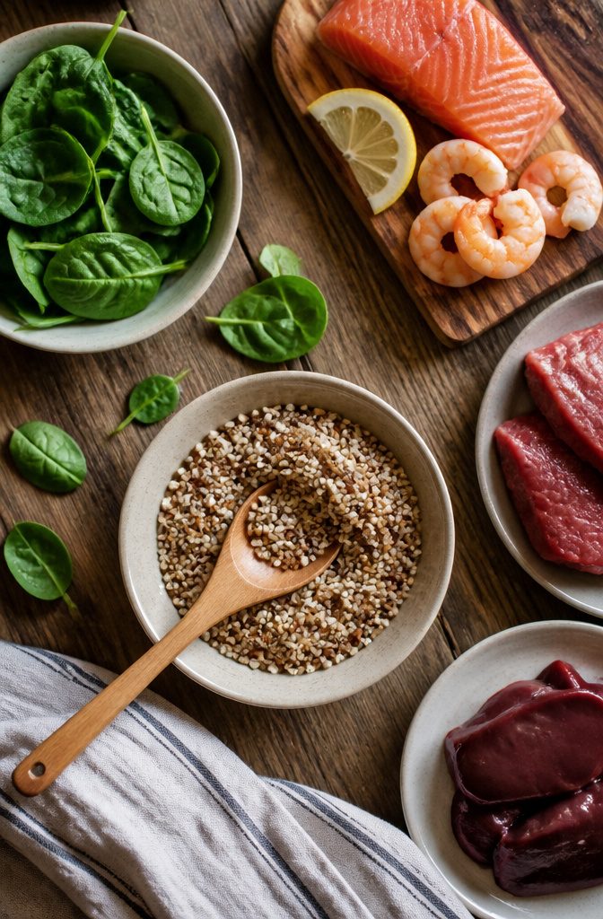 Whole grains and dark leafy greens arranged as B vitamin food sources