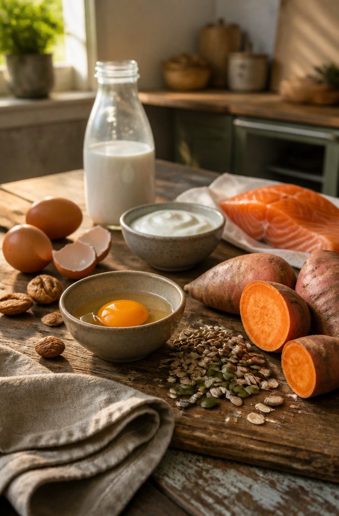 Egg yolks, nuts, seeds, sweet potatoes, salmon and dairy arranged as food