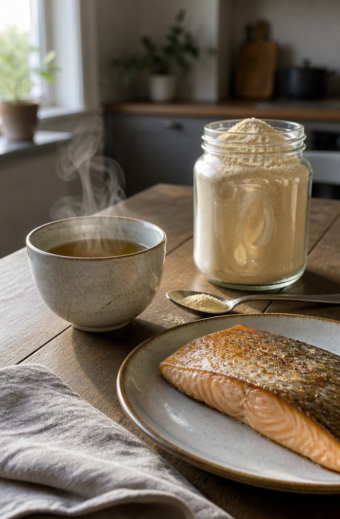 Fish, bone broth and collagen powder arranged as collagen sources