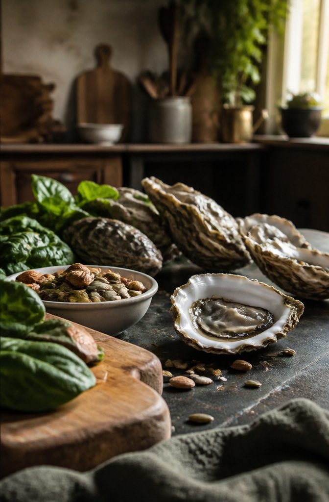 Oysters, liver, lobster, nuts, seeds and leafy greens arranged together