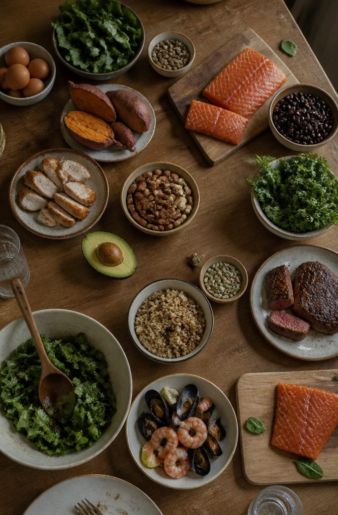 Eggs, chicken, fish, beef, spinach, beans, salmon, nuts and leafy greens