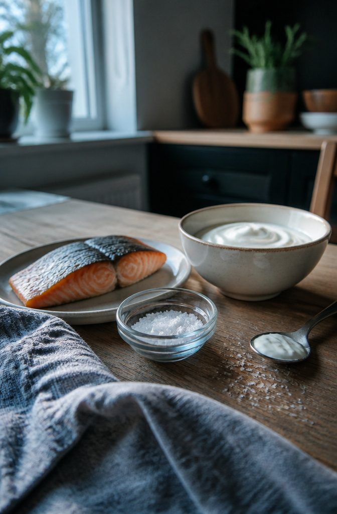 Piece of fish, bowl of yogurt and plain salt cellar on a counter
