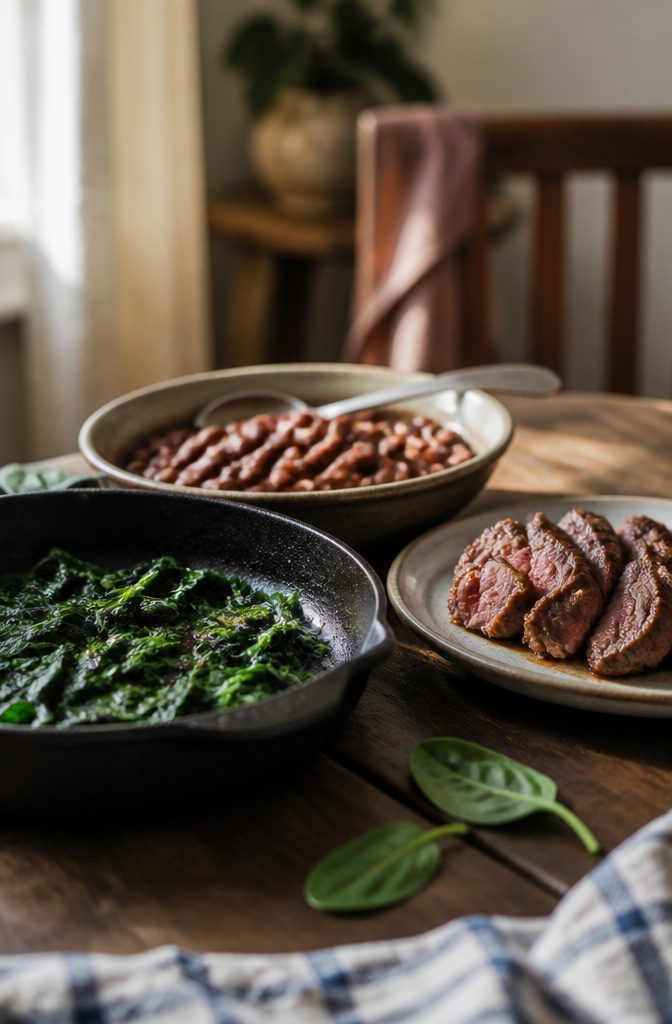 Red meat, poultry, spinach, legumes and tofu arranged as iron-rich foods