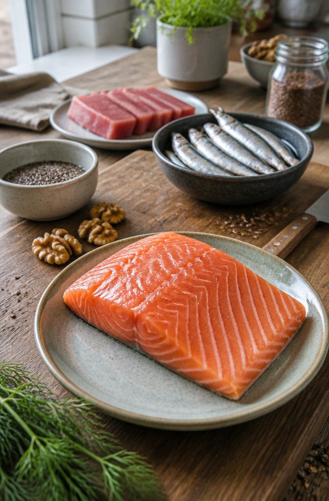 Salmon, tuna, mackerel and sardines arranged as fatty fish