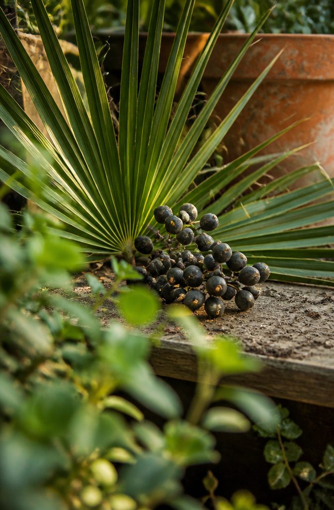 Ripe saw palmetto berries beside broad fan-shaped palm leaves