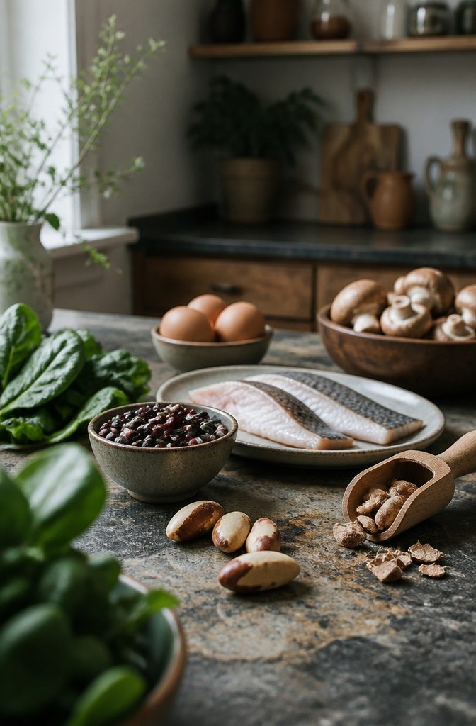 Brazil nuts beside fish and a bowl of mushrooms on a worn counter