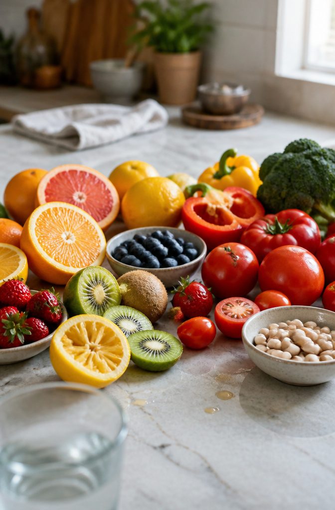 Citrus, berries, kiwi, tomatoes, peppers, broccoli and beans on a stone counter