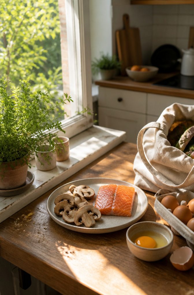 Salmon on a ceramic plate beside sliced mushrooms and an egg near a window