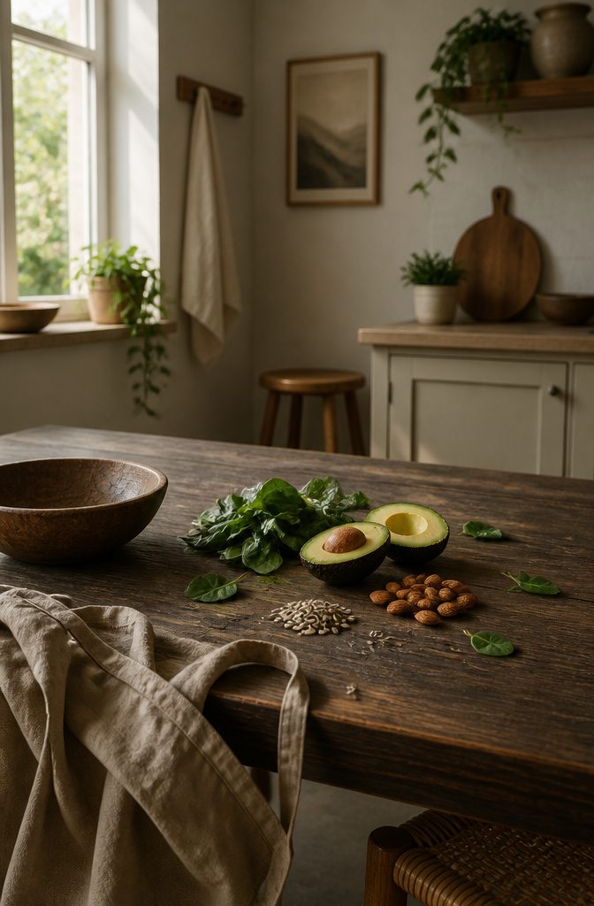 Sunflower seeds, spinach, avocados and almonds arranged together