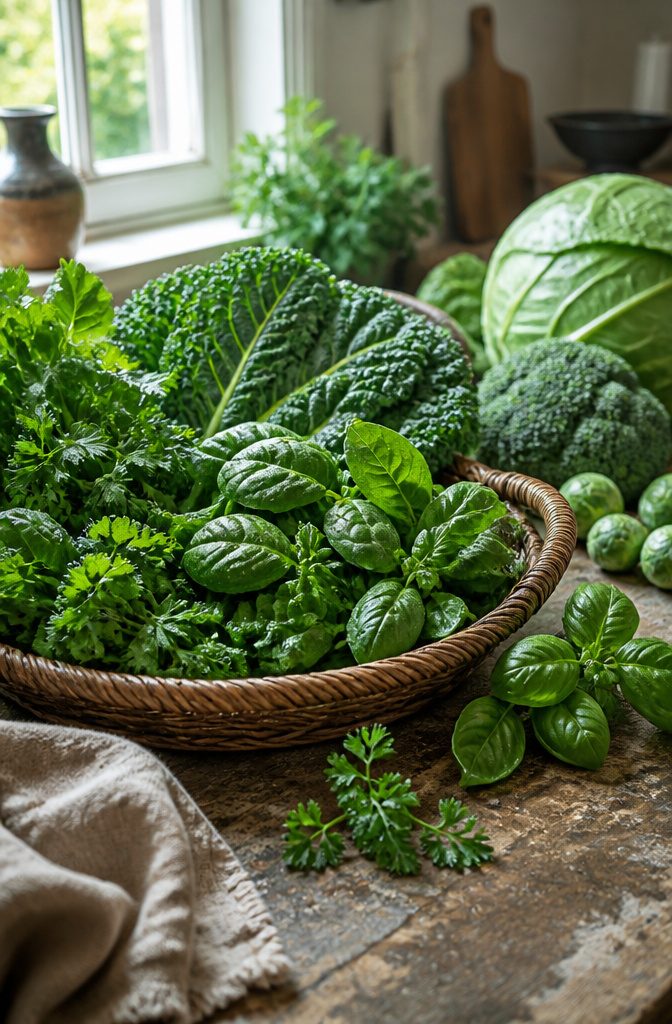 Kale, spinach, broccoli, cabbage, Brussels sprouts, parsley and basil arranged together