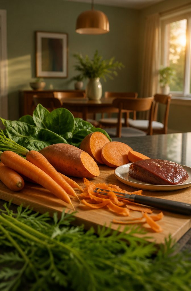 Sweet potatoes, carrots, spinach and beef liver arranged on a counter