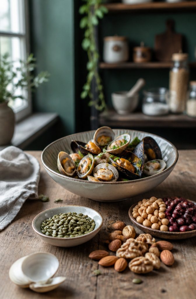 Shellfish, red meat, poultry, legumes, seeds, nuts and dairy arranged together